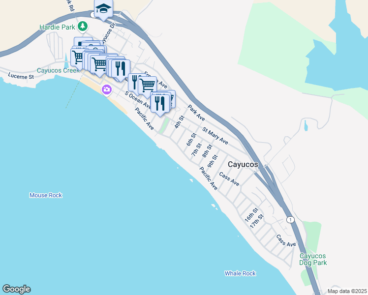 map of restaurants, bars, coffee shops, grocery stores, and more near 21 6th Street in Cayucos