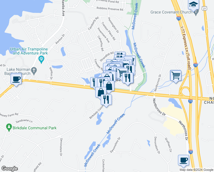 map of restaurants, bars, coffee shops, grocery stores, and more near in Huntersville