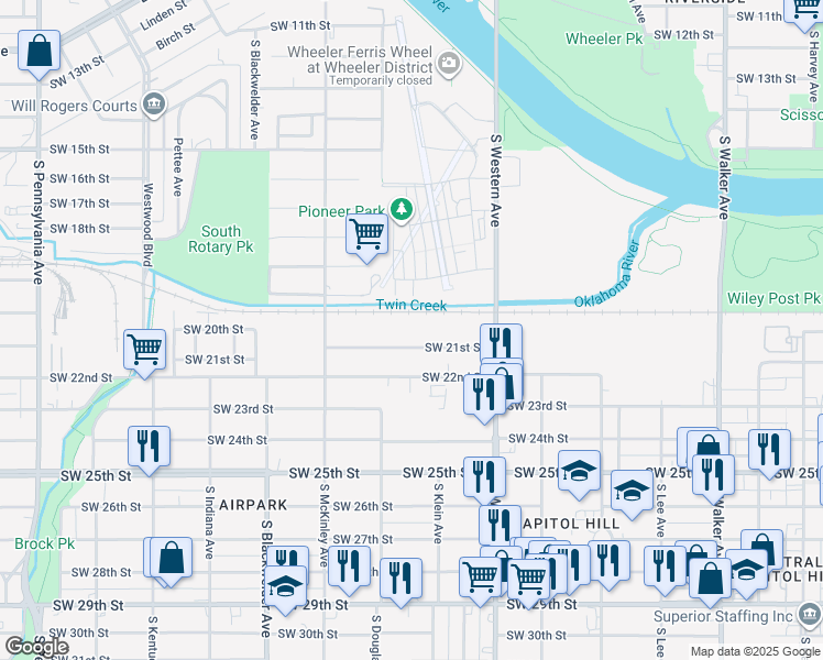 map of restaurants, bars, coffee shops, grocery stores, and more near 1033 Southwest 21st Street in Oklahoma City