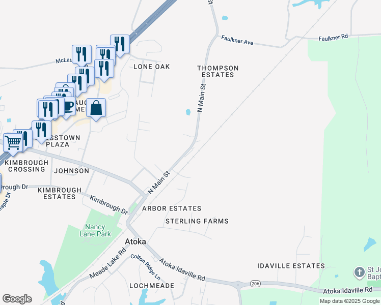 map of restaurants, bars, coffee shops, grocery stores, and more near 296 North Main Street in Atoka