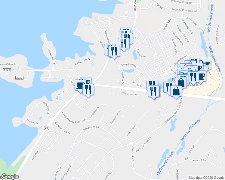 map of restaurants, bars, coffee shops, grocery stores, and more near 8023 Maxwelton Drive in Huntersville