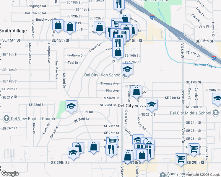 map of restaurants, bars, coffee shops, grocery stores, and more near 4008 Pine Avenue in Del City