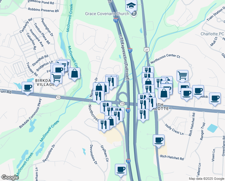 map of restaurants, bars, coffee shops, grocery stores, and more near 9129 Sam Furr Road in Huntersville