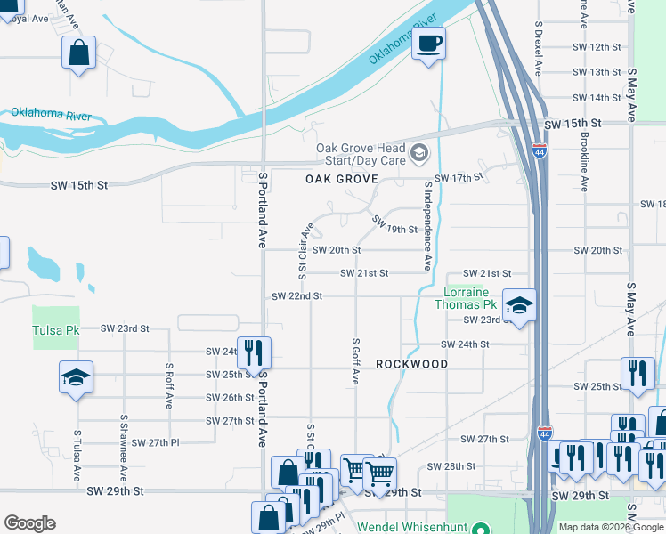 map of restaurants, bars, coffee shops, grocery stores, and more near 3521 Southwest 21st Street in Oklahoma City
