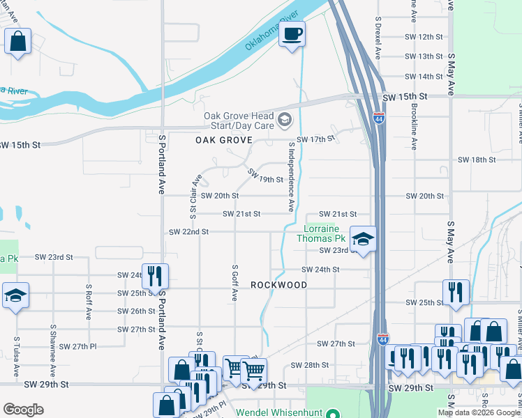 map of restaurants, bars, coffee shops, grocery stores, and more near 3420 Southwest 21st Street in Oklahoma City