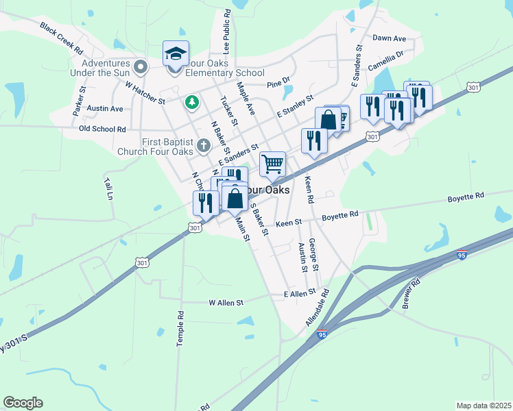 map of restaurants, bars, coffee shops, grocery stores, and more near 201 South Baker Street in Four Oaks
