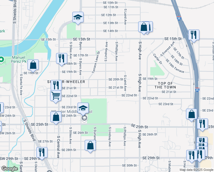 map of restaurants, bars, coffee shops, grocery stores, and more near 701 Southeast 21st Street in Oklahoma City