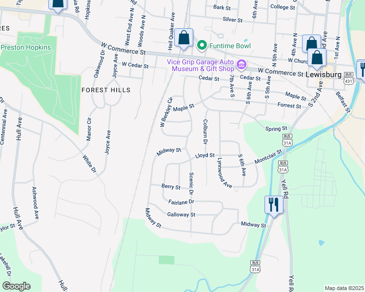 map of restaurants, bars, coffee shops, grocery stores, and more near 567 Midway Street in Lewisburg