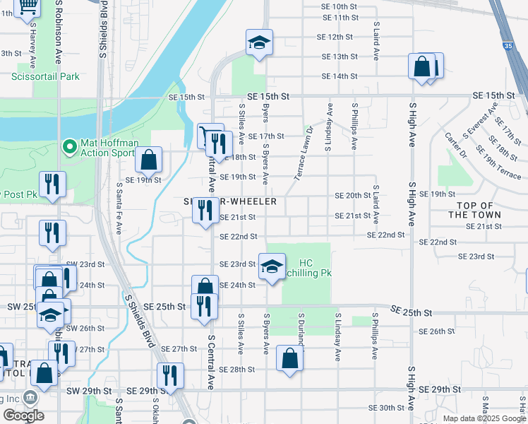 map of restaurants, bars, coffee shops, grocery stores, and more near 508 Southeast 21st Street in Oklahoma City