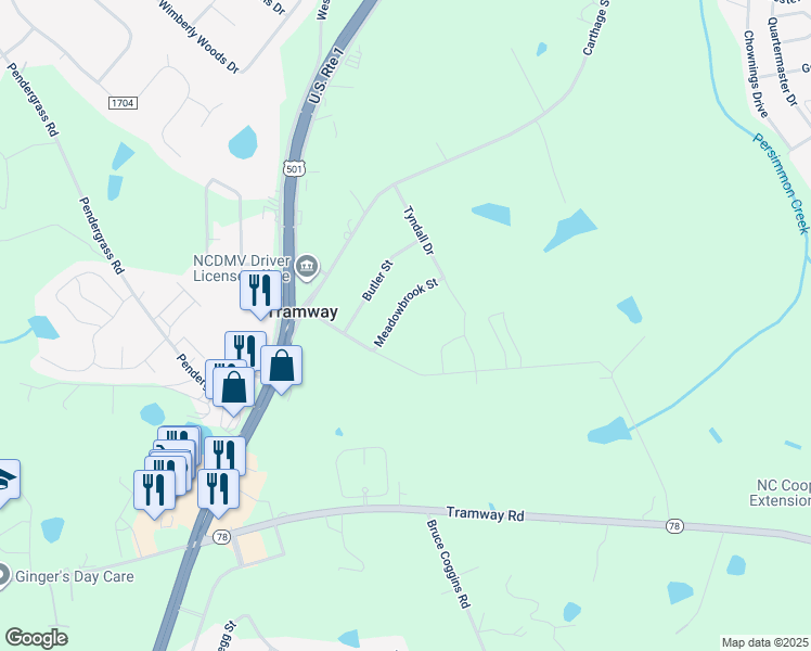 map of restaurants, bars, coffee shops, grocery stores, and more near 1925 Meadowbrook Street in Sanford