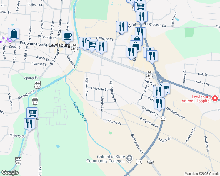 map of restaurants, bars, coffee shops, grocery stores, and more near 514 Springplace Road in Lewisburg