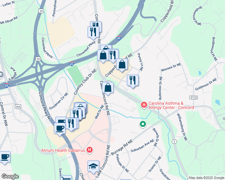 map of restaurants, bars, coffee shops, grocery stores, and more near 1018 Lee-Ann Drive Northeast in Concord