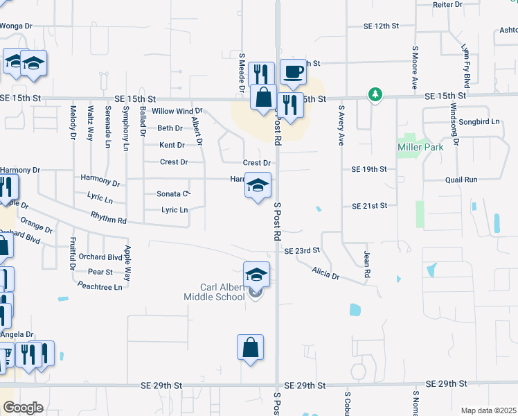 map of restaurants, bars, coffee shops, grocery stores, and more near 2009 South Post Road in Midwest City