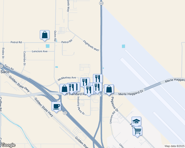 map of restaurants, bars, coffee shops, grocery stores, and more near 35126 McMurtrey Avenue in Bakersfield