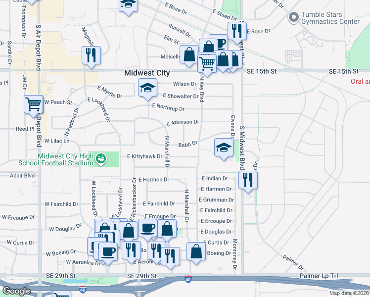 map of restaurants, bars, coffee shops, grocery stores, and more near 314 East Kittyhawk Drive in Midwest City