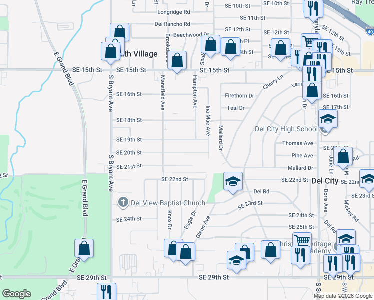 map of restaurants, bars, coffee shops, grocery stores, and more near 3321 Southeast 21st Street in Del City
