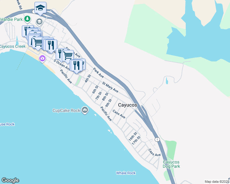 map of restaurants, bars, coffee shops, grocery stores, and more near 920 South Ocean Avenue in Cayucos
