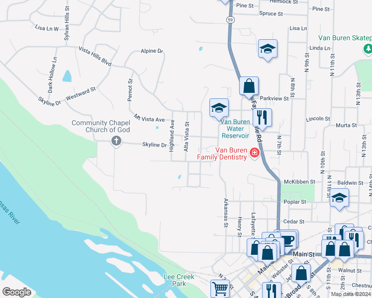 map of restaurants, bars, coffee shops, grocery stores, and more near 603 Alta Vista Avenue in Van Buren