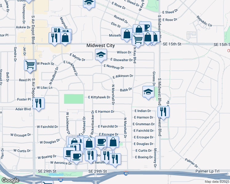 map of restaurants, bars, coffee shops, grocery stores, and more near 230 East Kittyhawk Drive in Midwest City