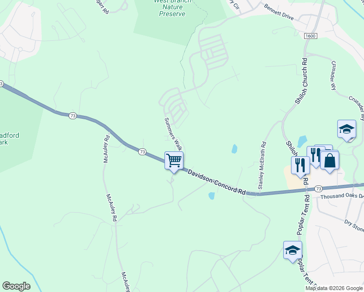 map of restaurants, bars, coffee shops, grocery stores, and more near 16010 Davidson-Concord Road in Davidson