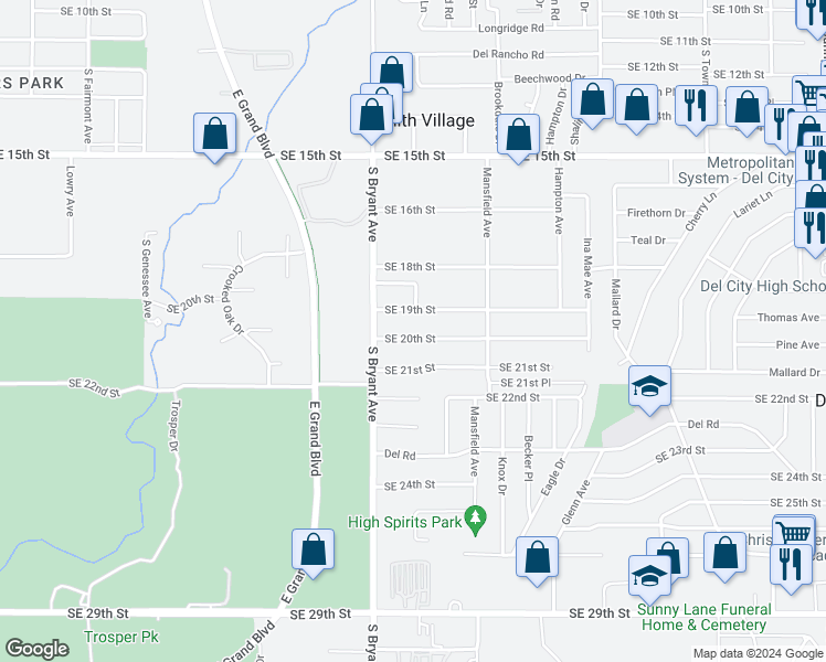 map of restaurants, bars, coffee shops, grocery stores, and more near 3025 Southeast 20th Street in Del City