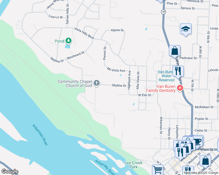 map of restaurants, bars, coffee shops, grocery stores, and more near 107 Skyline Drive in Van Buren