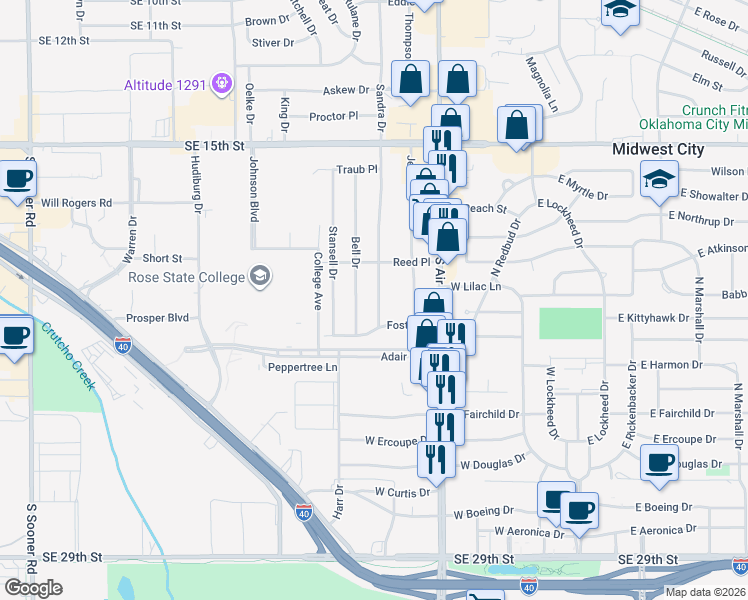 map of restaurants, bars, coffee shops, grocery stores, and more near 811 Sandra Drive in Midwest City