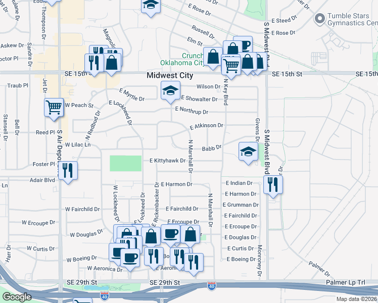 map of restaurants, bars, coffee shops, grocery stores, and more near 809 North Marshall Drive in Midwest City