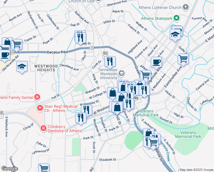 map of restaurants, bars, coffee shops, grocery stores, and more near 200 Wabash Street in Athens