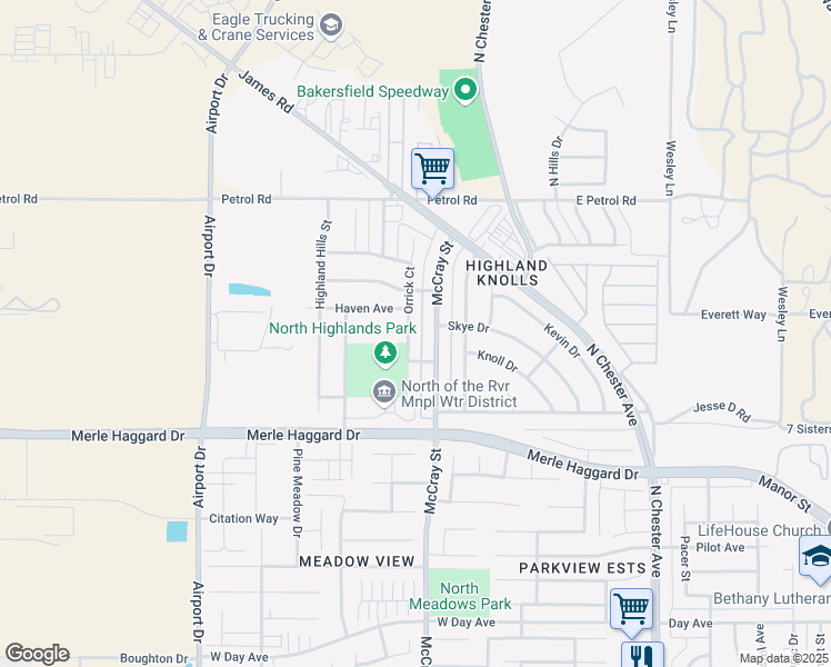 map of restaurants, bars, coffee shops, grocery stores, and more near 4425 Orrick Court in Bakersfield