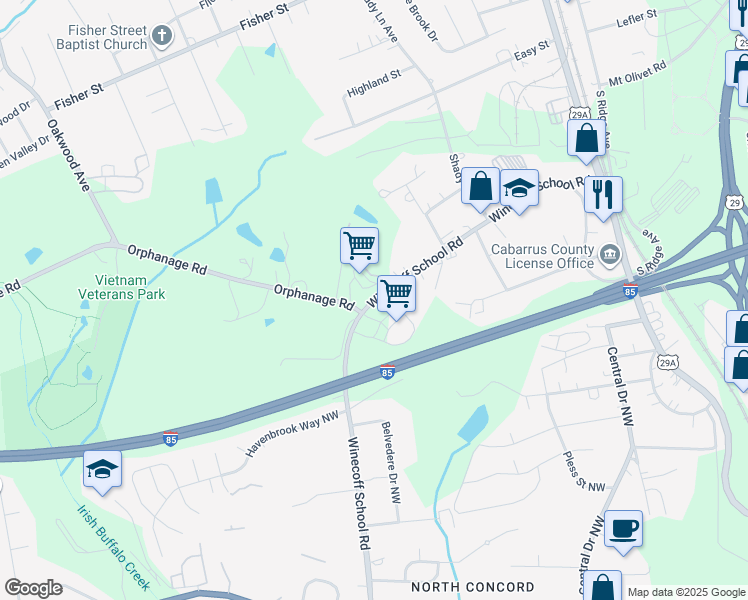 map of restaurants, bars, coffee shops, grocery stores, and more near 533 Winecoff School Road in Concord