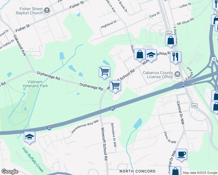 map of restaurants, bars, coffee shops, grocery stores, and more near 533 Winecoff School Road in Concord