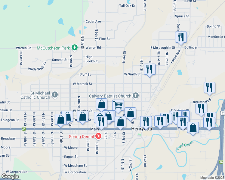 map of restaurants, bars, coffee shops, grocery stores, and more near 405 West Merrick Street in Henryetta