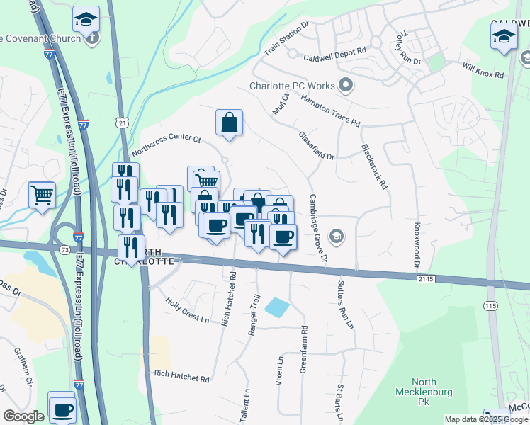 map of restaurants, bars, coffee shops, grocery stores, and more near 9930 Glencrest Drive in Huntersville