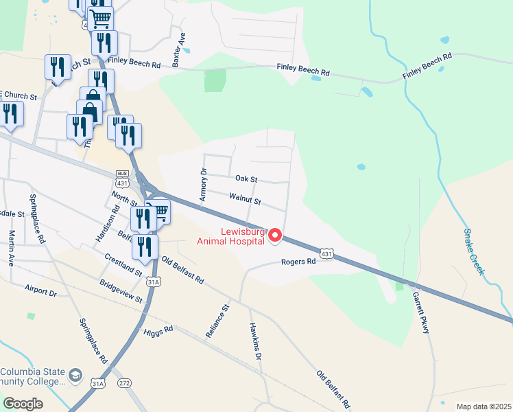 map of restaurants, bars, coffee shops, grocery stores, and more near 207 Hickory Drive in Lewisburg