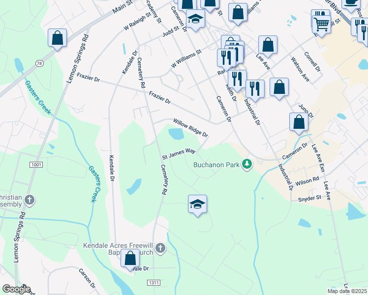 map of restaurants, bars, coffee shops, grocery stores, and more near 115 Saint James Way in Sanford