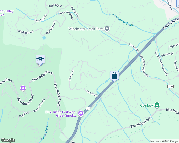 map of restaurants, bars, coffee shops, grocery stores, and more near 70 Ladyslipper Lane in Waynesville