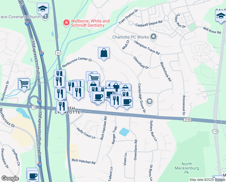 map of restaurants, bars, coffee shops, grocery stores, and more near 16904 Taft Court in Huntersville
