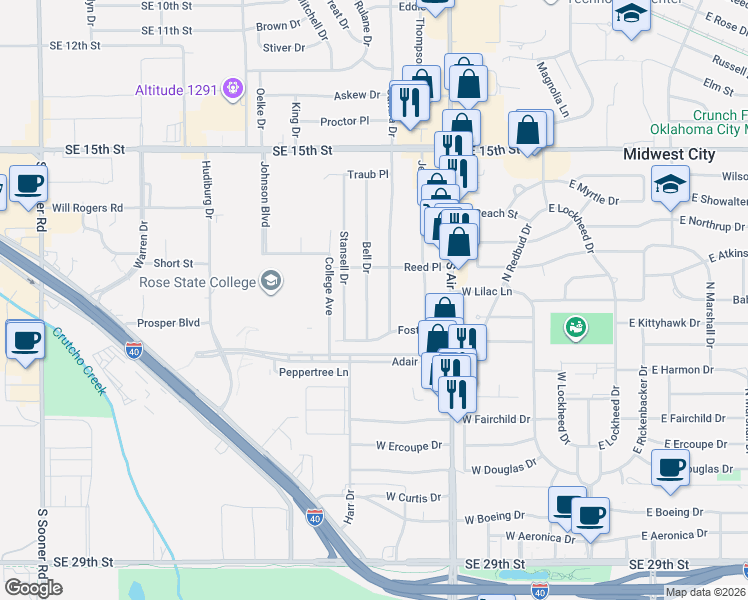 map of restaurants, bars, coffee shops, grocery stores, and more near 905 Bell Drive in Midwest City