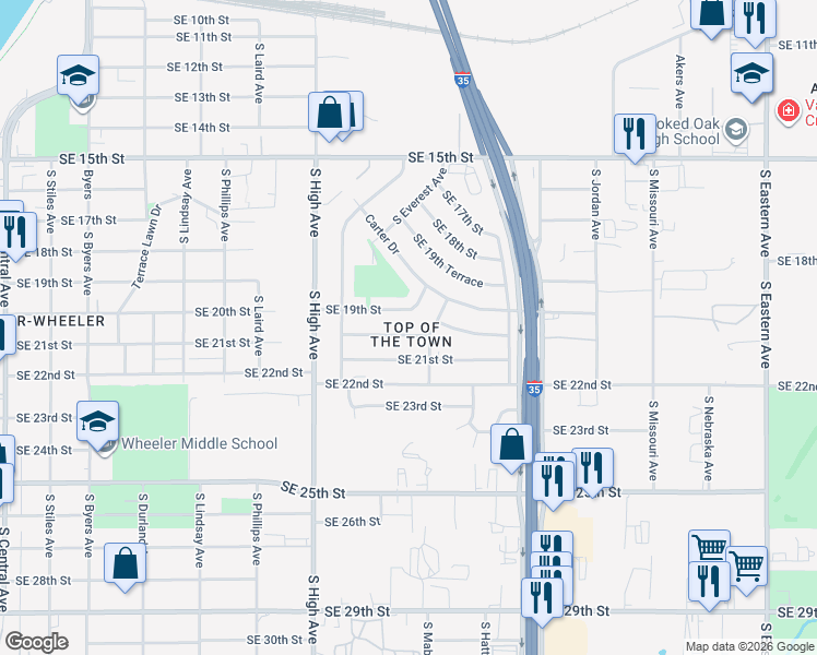 map of restaurants, bars, coffee shops, grocery stores, and more near 1165 Southeast 19th Street in Oklahoma City