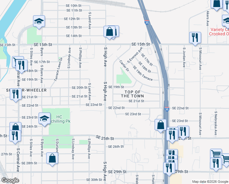 map of restaurants, bars, coffee shops, grocery stores, and more near 2001 South Stonewall Avenue in Oklahoma City