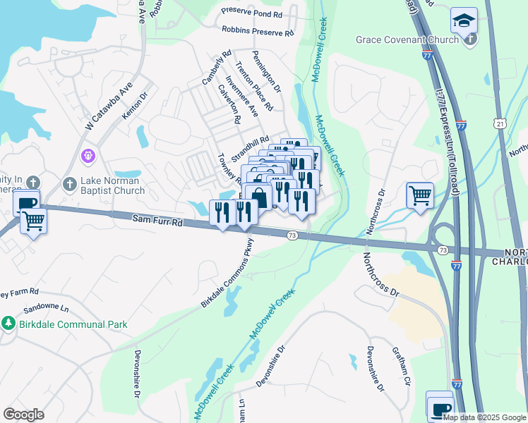 map of restaurants, bars, coffee shops, grocery stores, and more near in Huntersville