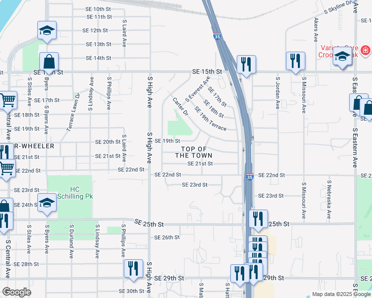 map of restaurants, bars, coffee shops, grocery stores, and more near 1165 Southeast 19th Street in Oklahoma City
