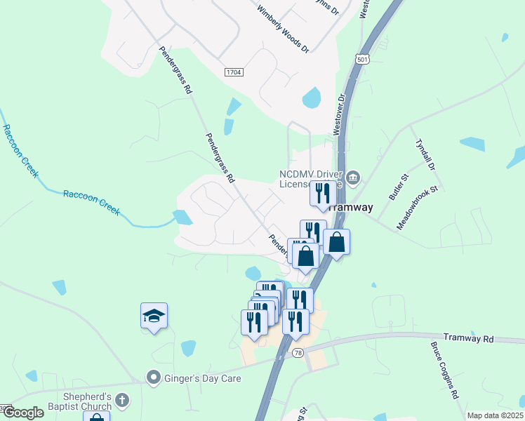 map of restaurants, bars, coffee shops, grocery stores, and more near 700 Woodland Heights Drive in Sanford