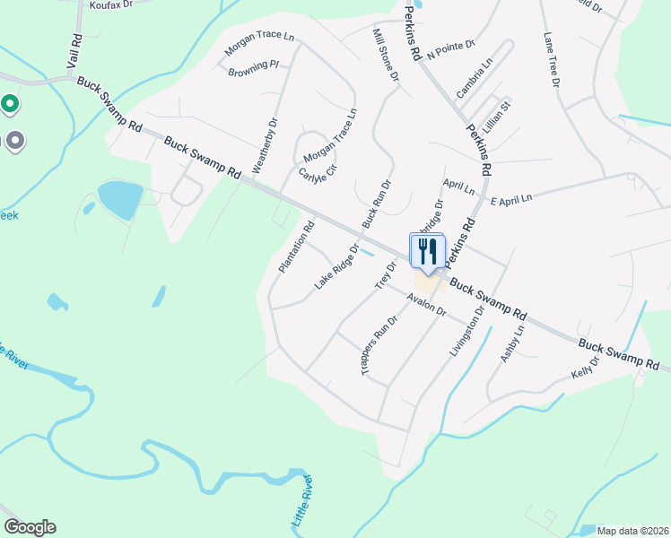 map of restaurants, bars, coffee shops, grocery stores, and more near 101 Roundtree Lane in Goldsboro