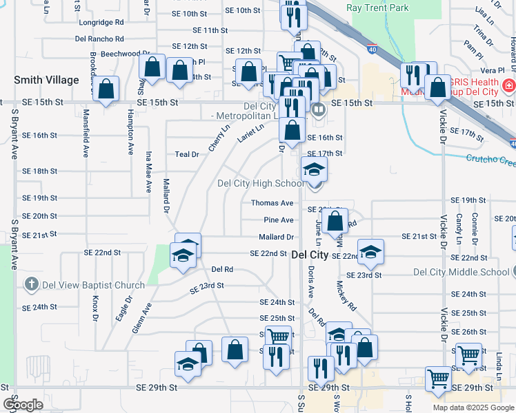 map of restaurants, bars, coffee shops, grocery stores, and more near 3920 Thomas Avenue in Del City