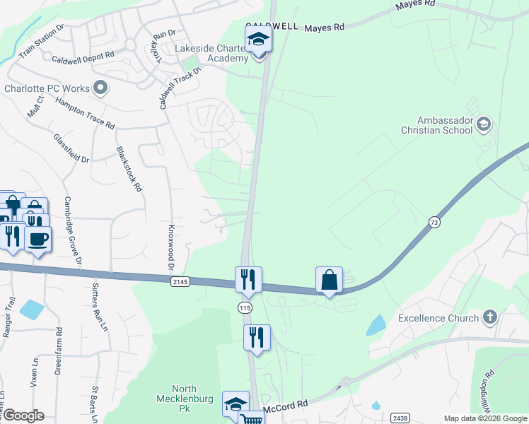 map of restaurants, bars, coffee shops, grocery stores, and more near 17100 Old Statesville Road in Huntersville
