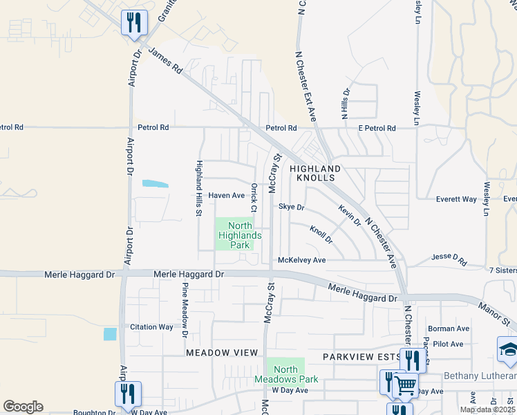 map of restaurants, bars, coffee shops, grocery stores, and more near 4425 Orrick Court in Bakersfield