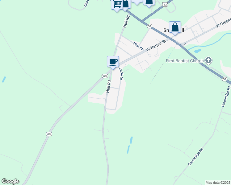 map of restaurants, bars, coffee shops, grocery stores, and more near 201 Circle Drive in Snow Hill