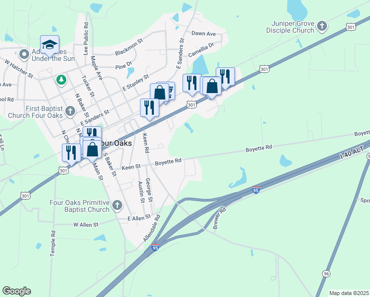 map of restaurants, bars, coffee shops, grocery stores, and more near 513 East Wellons Street in Four Oaks